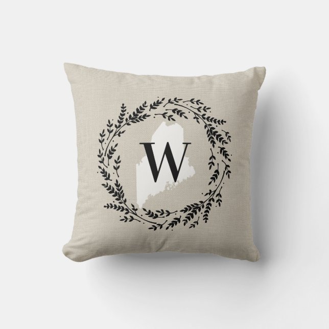 Maine Rustic Wreath Monogram Throw Pillow (Front)
