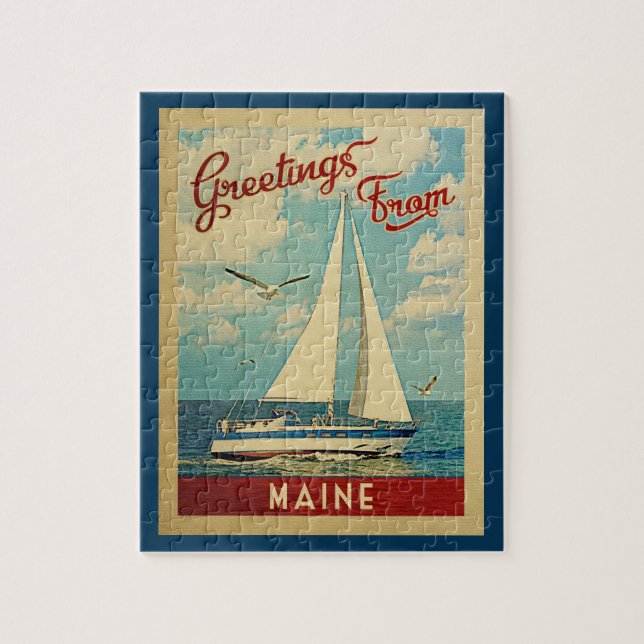 Maine Sailboat Vintage Travel Jigsaw Puzzle (Vertical)
