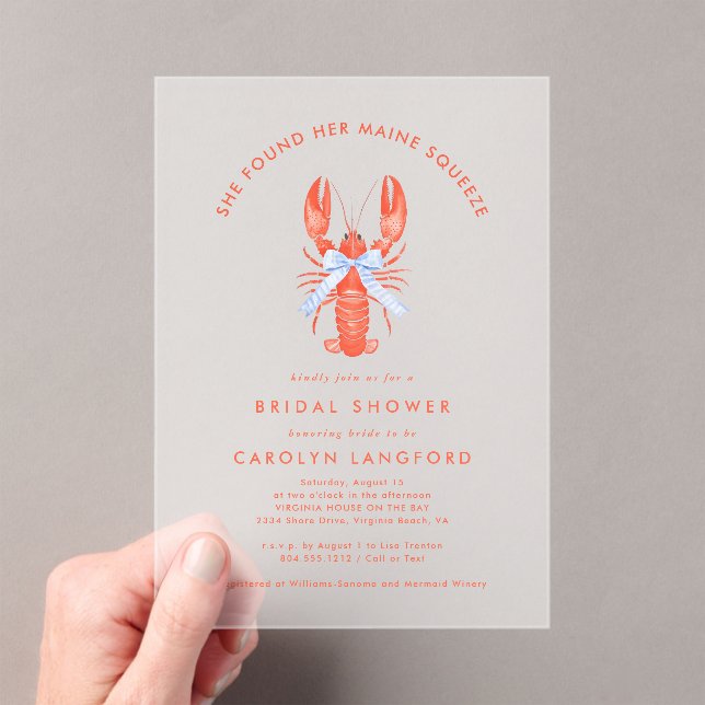 Maine Squeeze Coastal Lobster Bridal Shower  Acrylic Invitations (Insitu (Handheld))