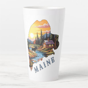 Maine State Outline Cabin Moose Latte Mug