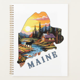 Maine State Outline Cabin Moose Planner