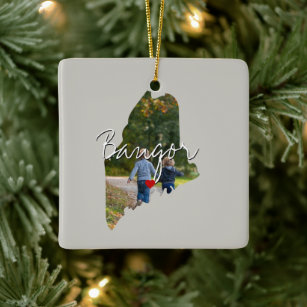 Maine State Photo insert and town name Ceramic Ornament