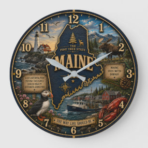 Maine State  Pine Tree State Coastal Lighthouse  Large Clock