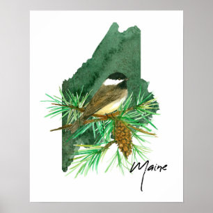 Maine State Shape Black Capped Chickadee  Poster