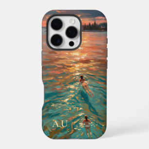 Maine Swimmers Sunset Oil Painting Monogram iPhone 16 Pro Case