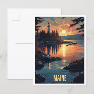 Maine USA Art Vintage Illustration Travel Postcard