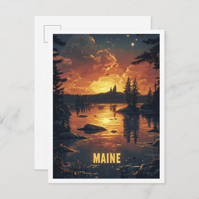 Maine USA Art Vintage Illustration Travel Postcard (Front/Back)