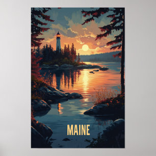Maine USA Art Vintage Illustration Travel Poster