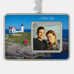Maine Vacation Family Photo Date Nubble Lighthouse Silver Plated Framed Ornament