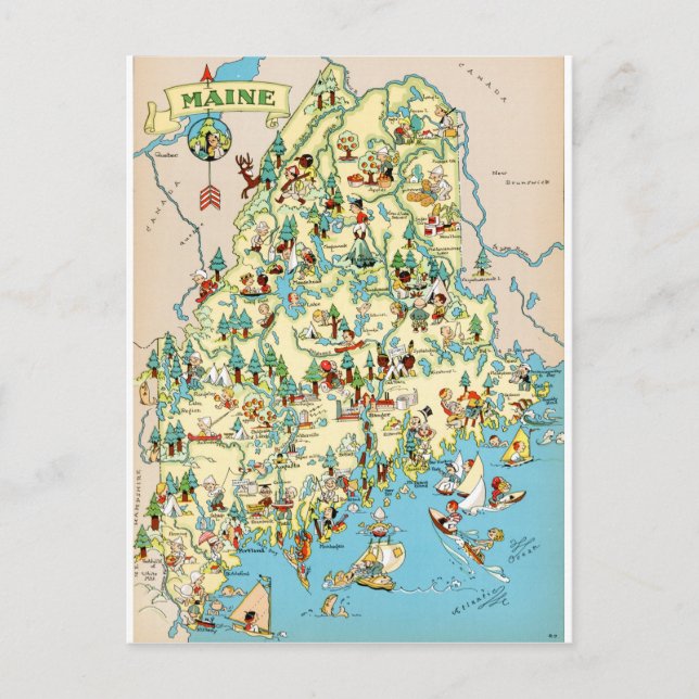 Maine Vintage Map Postcard (Front)