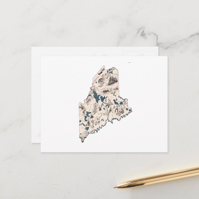 Maine Vintage Picture Map Antique State Chart Postcard (Front/Back In Situ)