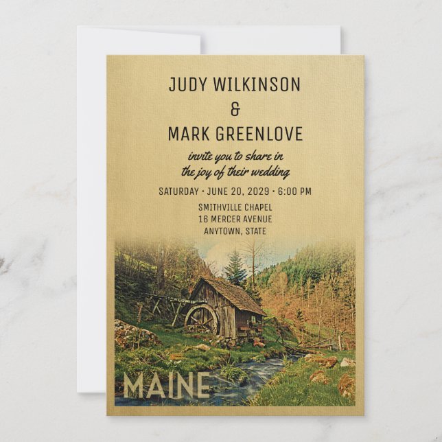 Maine Wedding Invitation Rustic Cabin Mill (Front)