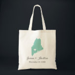 Maine Wedding Welcome Tote Bag<br><div class="desc">Welcome out of town wedding guests with a bag full of snacks and treats personalised with the state where you're getting married and the bride and groom's names and wedding date. Click Customise It to move the heart to show any city or location on the state map. Use the design...</div>