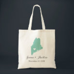 Maine Wedding Welcome Tote Bag<br><div class="desc">Welcome out of town wedding guests with a bag full of snacks and treats personalised with the state where you're getting married and the bride and groom's names and wedding date. Click Customise It to move the heart to show any city or location on the state map. Use the design...</div>