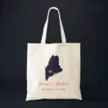 Maine Wedding Welcome Tote Bag<br><div class="desc">Welcome out of town wedding guests with a bag full of snacks and treats personalised with the state where you're getting married and the bride and groom's names and wedding date. Click Customise It to move the heart to show any city or location on the state map. Use the design...</div>