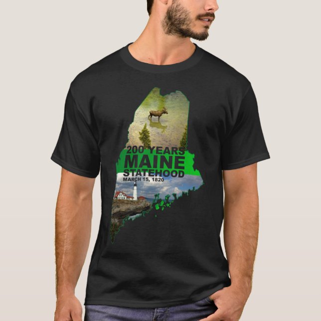 Maines 200th Birthday with Moose and Lighthouse T-Shirt (Front)