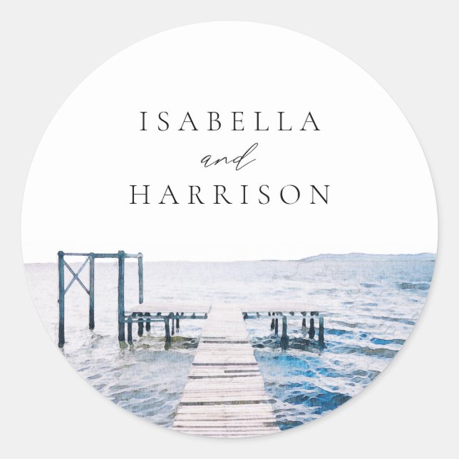 MAIRI Lake Pier Destination Watercolor Wedding Classic Round Sticker (Front)