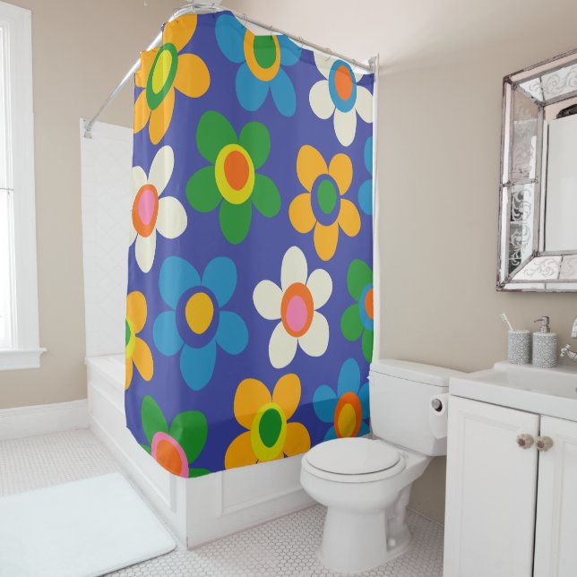 Maisie Flowers Colourful Blue Cute Pattern Shower Curtain (In Situ)