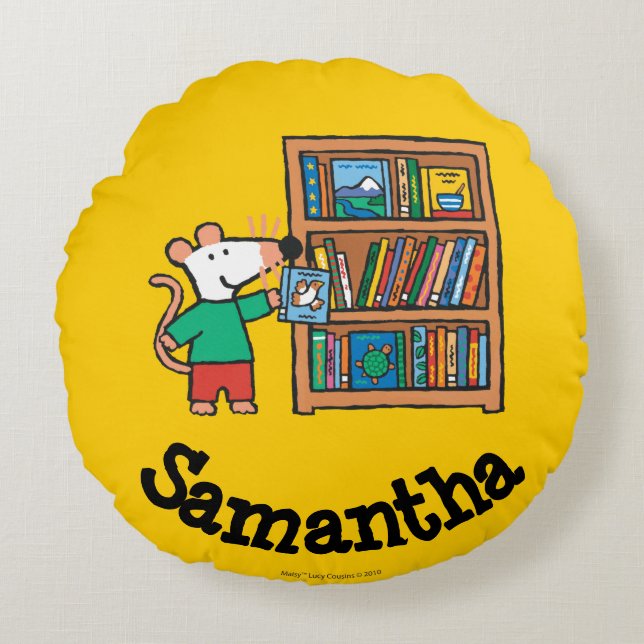 Maisy and a Bookshelf of Books Round Cushion (Front)
