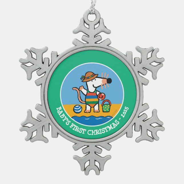 Maisy at the Beach Snowflake Pewter Christmas Ornament (Front)