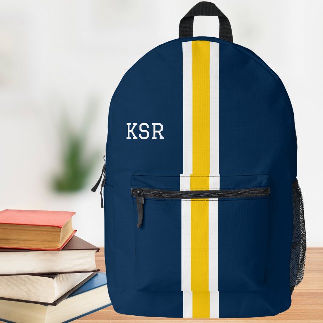Maize and Blue Stripe College Colours Monogram Printed Backpack (Creator Uploaded)