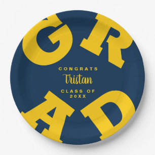 Maize Yellow on Blue Personalised Graduation Paper Plate