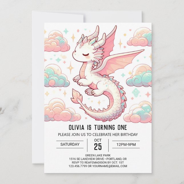 Majestic Adorable Dragon 1st Birthday Invitation (Front)