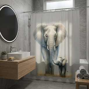 Majestic African Elephant and Baby in Watercolor Shower Curtain