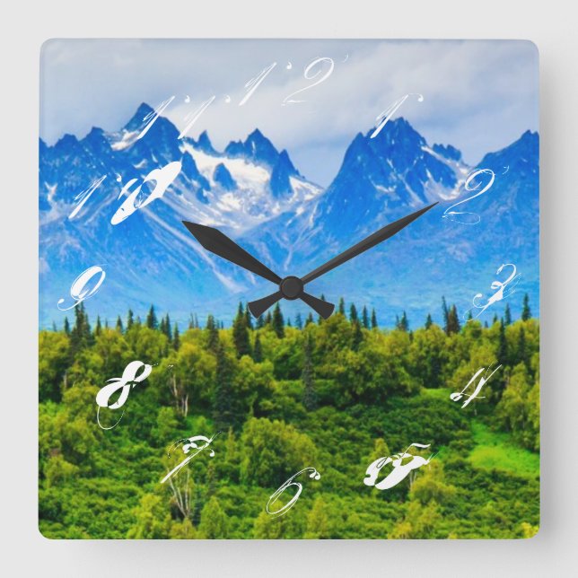 Majestic Alaska Mountains Square Wall Clock (Front)