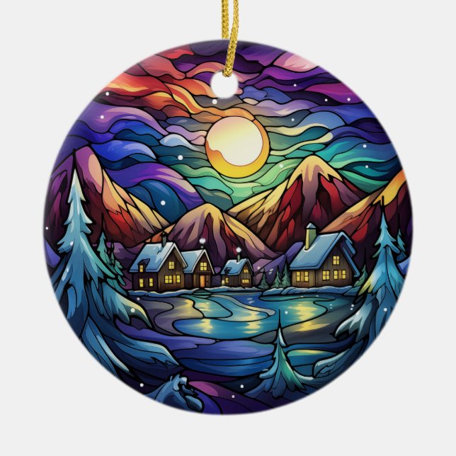 Majestic Alpine Sunset Stained Glass Ornament (Front)