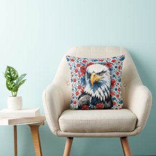 Majestic American Bald Eagle Floral Cushion