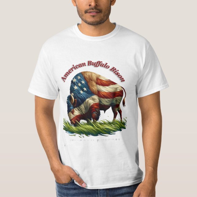 Majestic American Bison Illustrated Flag T-Shirt (Front)