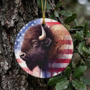 Majestic American Bison & Patriotic Flag Artwork Ceramic Tree Decoration