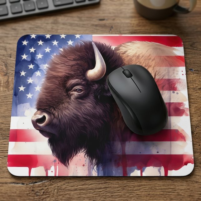 Majestic American Bison & Patriotic Flag Artwork Mouse Mat (Majestic American Bison & Patriotic Flag Artwork. Mouse Pad)