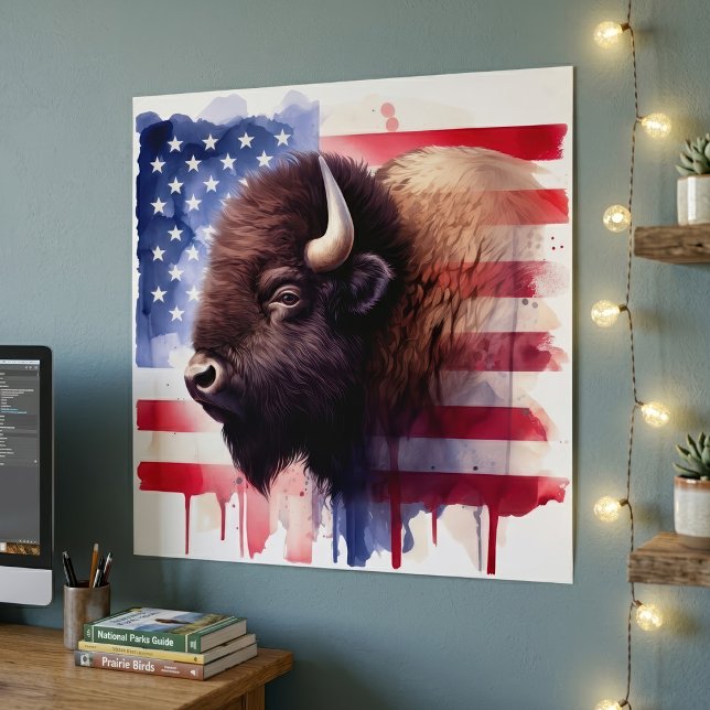 Majestic American Bison & Patriotic Flag Artwork Poster (Majestic American Bison & Patriotic Flag Artwork. Poster)