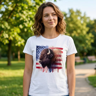Majestic American Bison & Patriotic Flag Artwork T-Shirt