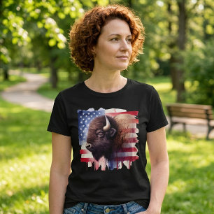 Majestic American Bison & Patriotic Flag Artwork T-Shirt