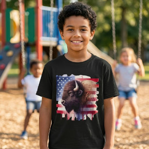 Majestic American Bison & Patriotic Flag Artwork T-Shirt
