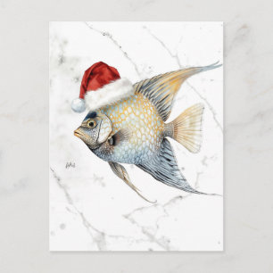 Majestic Angelfish in Santa Hat Watercolor Holiday Postcard