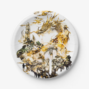 Majestic Asian Mythology Dragon Temple Fantasy Paper Plate