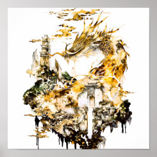 Majestic Asian Mythology Dragon Temple Fantasy Poster