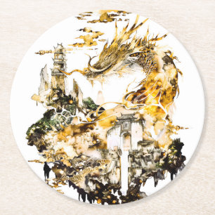 Majestic Asian Mythology Dragon Temple Fantasy  Round Paper Coaster