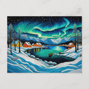 Majestic Aurora Borealis Over Winter Fjord Holiday Postcard