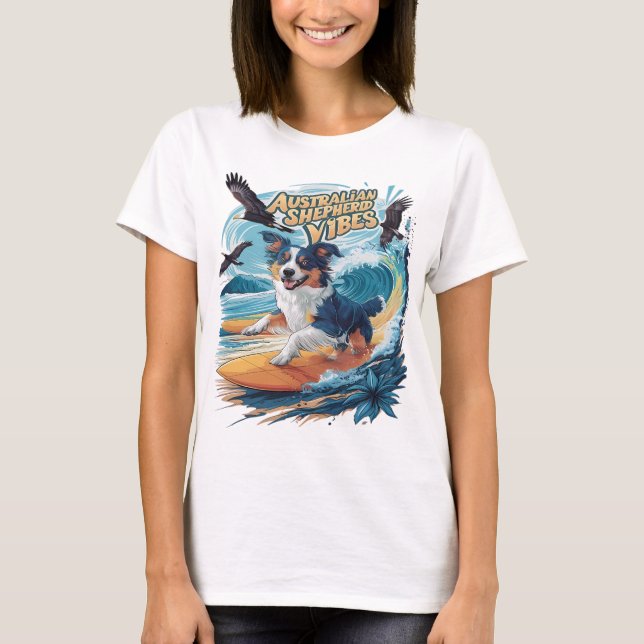 Majestic Australian Shepherd Dog Surfing the Crest T-Shirt (Front)