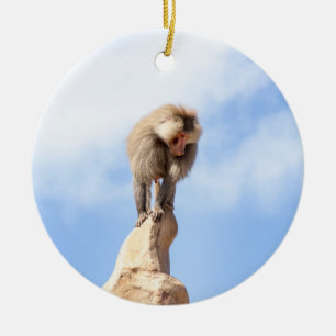 Majestic Baboon on Mountain Peak Ceramic Tree Decoration