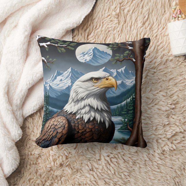 Majestic Bald Eagle in Snowy Mountain Landscape Cushion (Blanket)