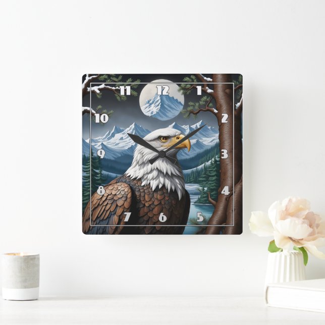 Majestic Bald Eagle in Snowy Mountain Landscape Square Wall Clock (Home)