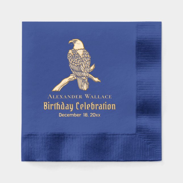Majestic Bald Eagle On Branch Birthday Party Name Foil Napkins (Front)