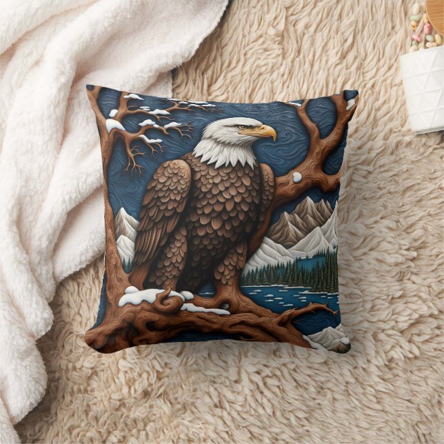Majestic Bald Eagle Perched in Winter Landscape Cushion (Blanket)