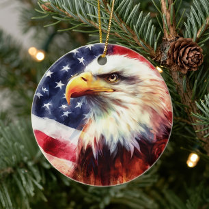 Majestic Bald Eagle Portrait with American Flag Ceramic Tree Decoration